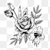Black and white flower bouquet sticker with a white border design element