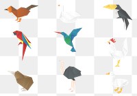 Origami birds png paper craft cut out set