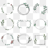 Doodle leaf frame png clipart, cute botanical illustration set