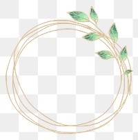 Gold circle frame png sticker, green doodle leaf illustration