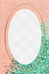 Green glitters on gold oval frame on a pink background