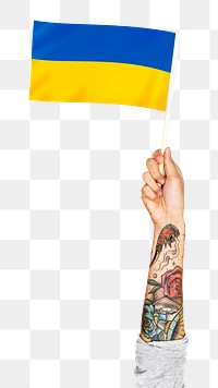 Ukraine's flag png in tattooed hand sticker, national symbol on transparent background