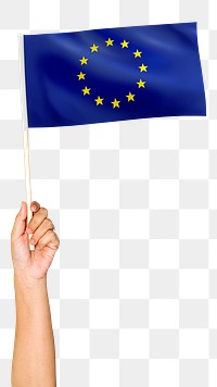 Png European Union flag in hand sticker, national symbol, transparent background