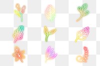 Glowing colorful png neon flowers hand drawn set
