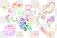 Glowing colorful png neon flowers hand drawn set