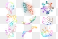 Png rainbow doodle glow neon icon element set