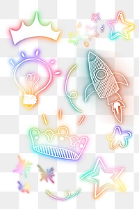 Png colorful neon glow doodle set