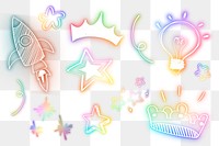 Png colorful doodle glow neon icon element set