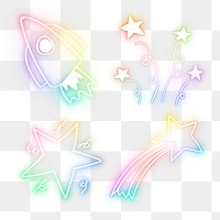 Png colorful neon glow star doodle set