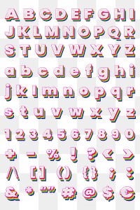 Layered A-Z alphabet png set symbols and numbers rainbow font