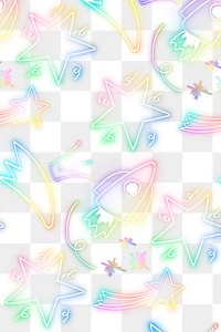 Neon star space shuttle doodle pattern background png