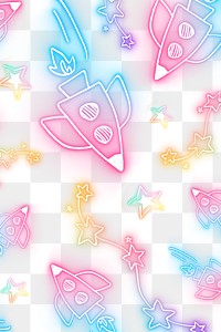 Neon rocket star doodle pattern background png