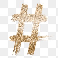 Transparent glitter hashtag gold symbol brushed typography