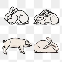 Retro rabbit animal sticker png logo set