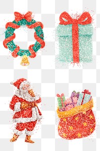 Colorful glitter png sticker Christmas illustration set