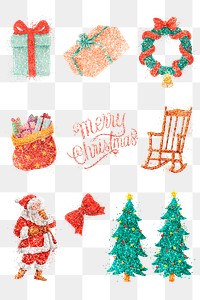 Colorful glitter png sticker Christmas illustration set