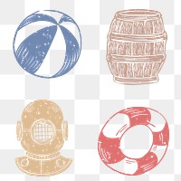 PNG nautical icon printmaking design elements set