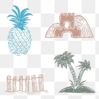 PNG pineapple and sand castle printmaking design elements collection