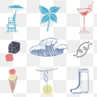 PNG summer and beach hand drawn icons set