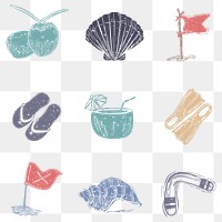 PNG summer beach icons hand drawn set