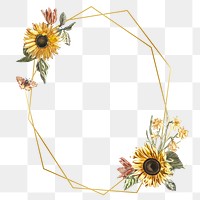 Floral png frame with hand painted sunflower and butterfly on transparent background