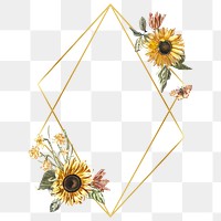 Png frame with watercolor sunflower and butterfly on transparent background