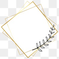 Png frame in gold square with floral doodle in minimal aesthetic on transparent background