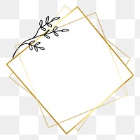 Frame png with gold geometric shape and simple flower drawing on transparent background 