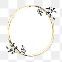 Frame png with gold geometric shape and simple flower drawing on transparent background 