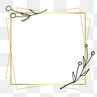 Png frame in gold square with floral doodle in minimal aesthetic on transparent background