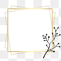 Png frame in gold square with floral doodle in minimal aesthetic on transparent background