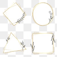 Png frame geometric set in minimal and gold with flower doodle on transparent background