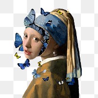 Png Girl with a Pearl Earring & butterfly remixed collage artwork, Johannes Vermeer-inspired aesthetic surreal illustration on transparent background