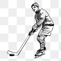 Hockey player png sticker, vintage sport illustration, transparent background. Free public domain CC0 image.