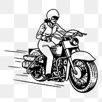 Woman biker png sticker, vintage vehicle illustration, transparent background. Free public domain CC0 image.