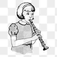 Png girl playing flute sticker, vintage music illustration, transparent background. Free public domain CC0 image.