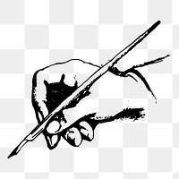 Hand holding png quill sticker, vintage illustration, transparent background. 