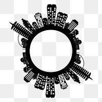 Buildings silhouette png frame sticker, circle illustration, transparent background. Free public domain CC0 image.