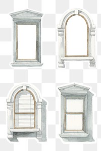 Old window architecture watercolor png illustration set