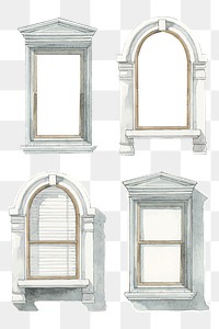 Png vintage European window architecture watercolor illustration set