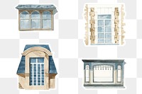 Old window architecture watercolor png illustration set
