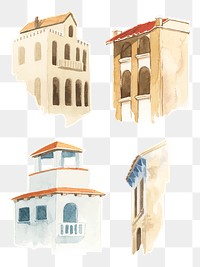 Png vintage European architecture watercolor illustration collection