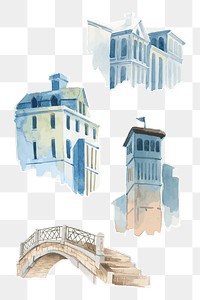 Png vintage European architecture watercolor illustration collection hand drawn 