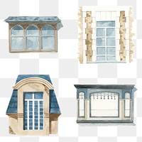 Old window architecture png set watercolor illustration