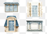 Png vintage European window architecture watercolor illustration set