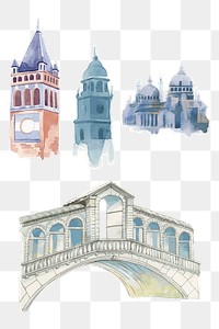 Png old European architecture watercolor illustration set 