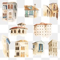 Png vintage European building watercolor architectural illustration set