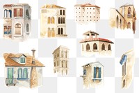 Png old European architecture watercolor illustration set 