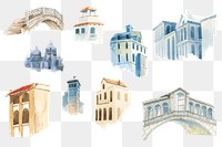 Png vintage European architecture watercolor illustration collection