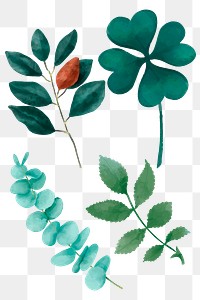 Green leaves sticker png watercolor illustration set